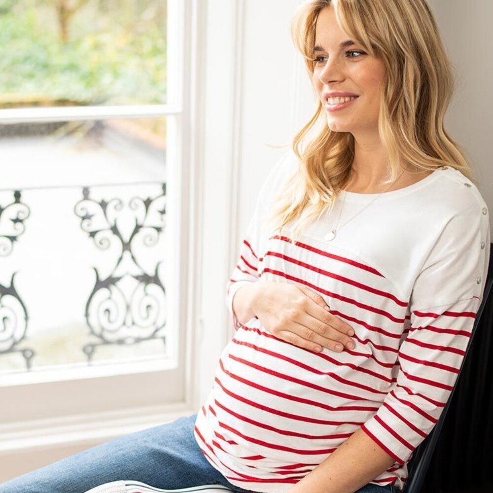 Seraphine Maternity & Nursing Red & White Striped Cotton Top Size Small nwt